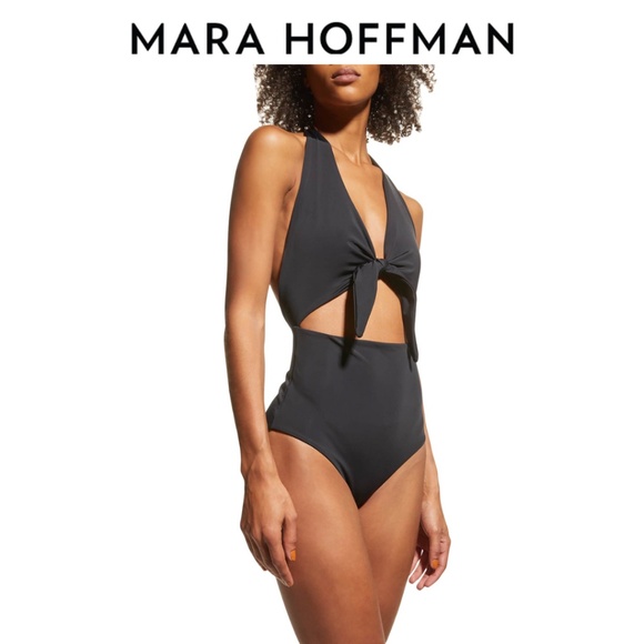 Mara Hoffman Maddy Tie-Front Cutout One-Piece Halter Swimsuit - Picture 1 of 7